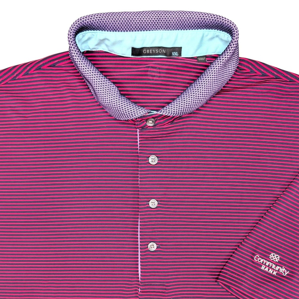 Greyson Mens XXL Magenta Navy Stripe Short Sleeve Golf Polo Shirt Community Bank